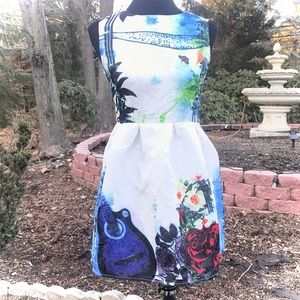 Multi print white empire waist dress Guitar Multi Mix round neck
